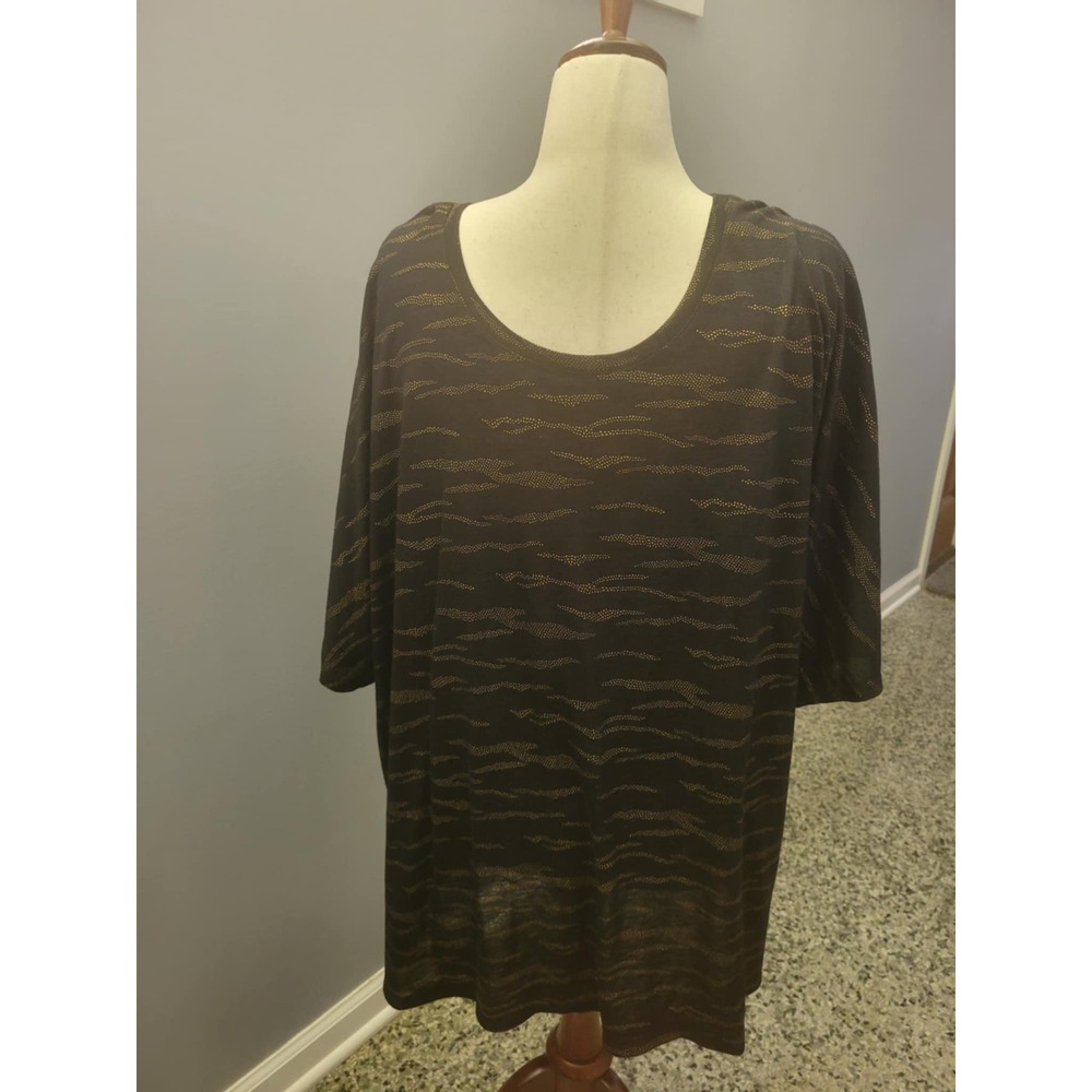 Black Tunic Top Gold Accent Abstract Print Round Neck Comfortable Blouse